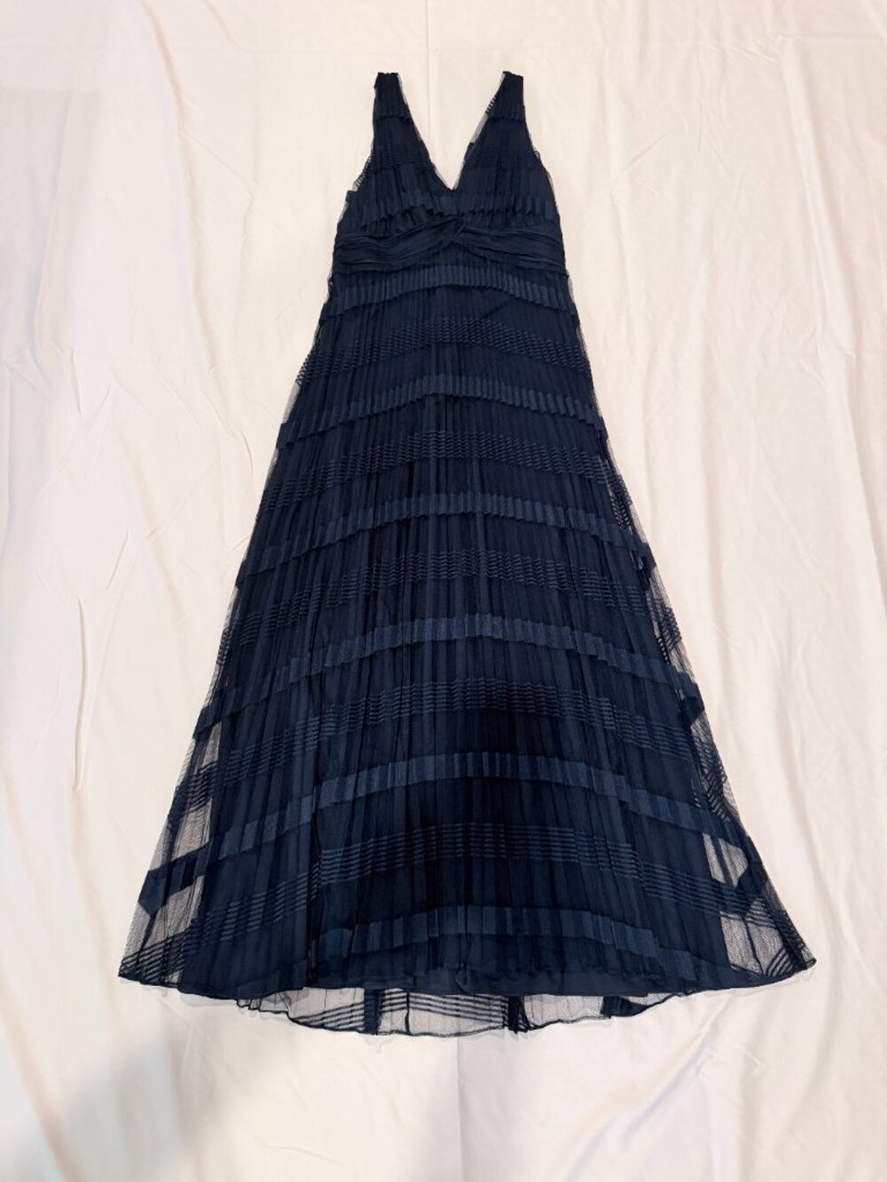 Ali & Jay Pleated Fit & Flare Navy Maxi Dress with Sheer Striped Overlay Medium